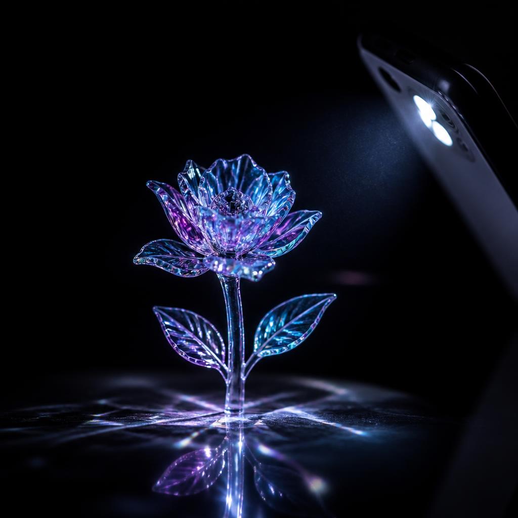 A crystal flower hologram lit by a smartphone flashlight